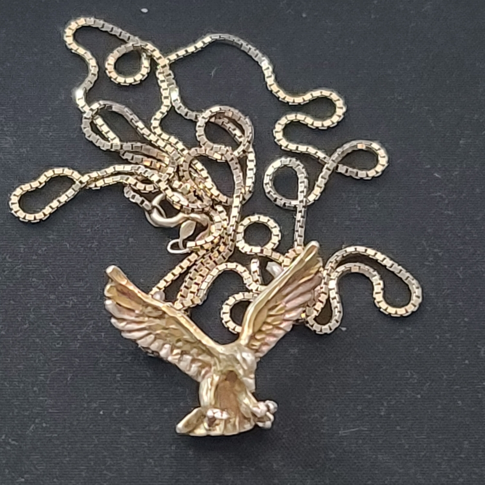 Vintage Sterling Silver Eagle Pendant with 30in Box Chain Gold Tone Finish